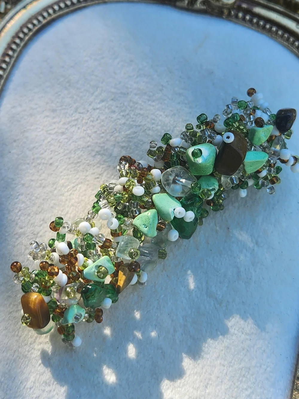 VTG Artisan Handmade Beaded Cluster Cuff Bracelet Earthy Green Stone Chip Boho